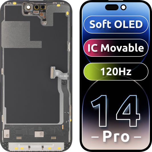 Display con Touchscreen MP compatibile con Apple iPhone 14 Pro, con Cornice, Versione Soft OLED IC Movable 120Hz FHD, Nero