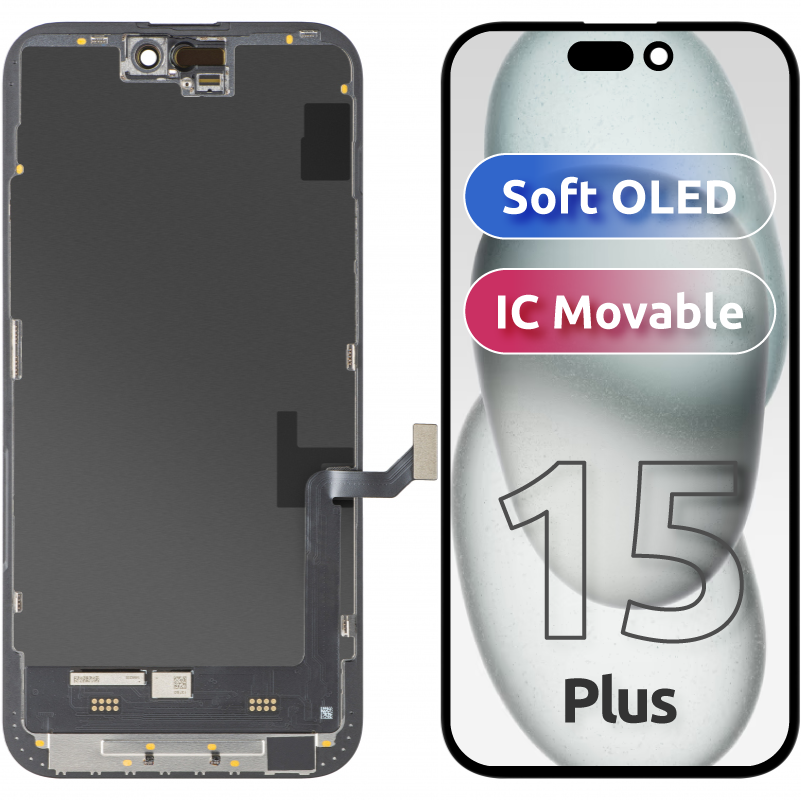 Display con Touchscreen MP compatibile con Apple iPhone 15 Plus, con Cornice, Versione Soft OLED FHD IC Movable, Nero