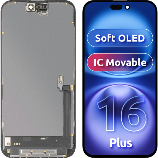 Display con Touchscreen MP compatibile con Apple iPhone 16 Plus, con Cornice, Versione Soft OLED IC Movable FHD, Nero