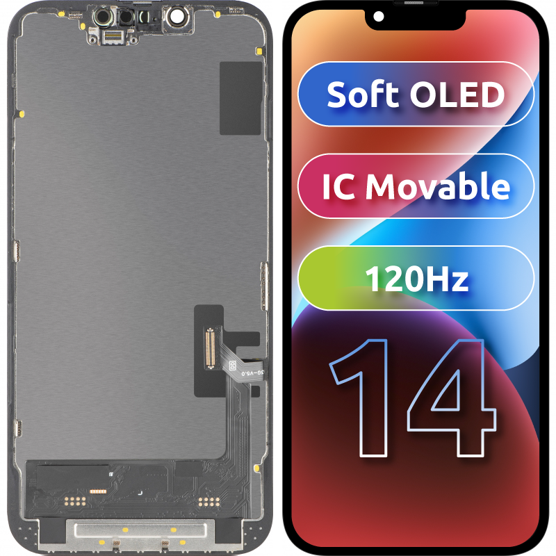 MP Touchscreen Display compatible with Apple iPhone 14, with Frame, Soft OLED FHD 120Hz IC Movable Version, Black