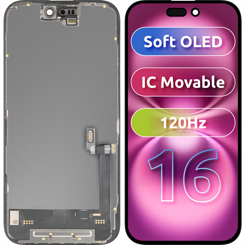 MP Touchscreen Display compatible with Apple iPhone 16, with Frame, Soft OLED FHD 120Hz Movable IC Version, Black