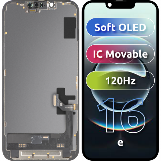 Display con Touchscreen MP compatibile con Apple iPhone 17e / 16e, con Cornice, Versione Soft OLED FHD 120Hz IC Movable, Nero