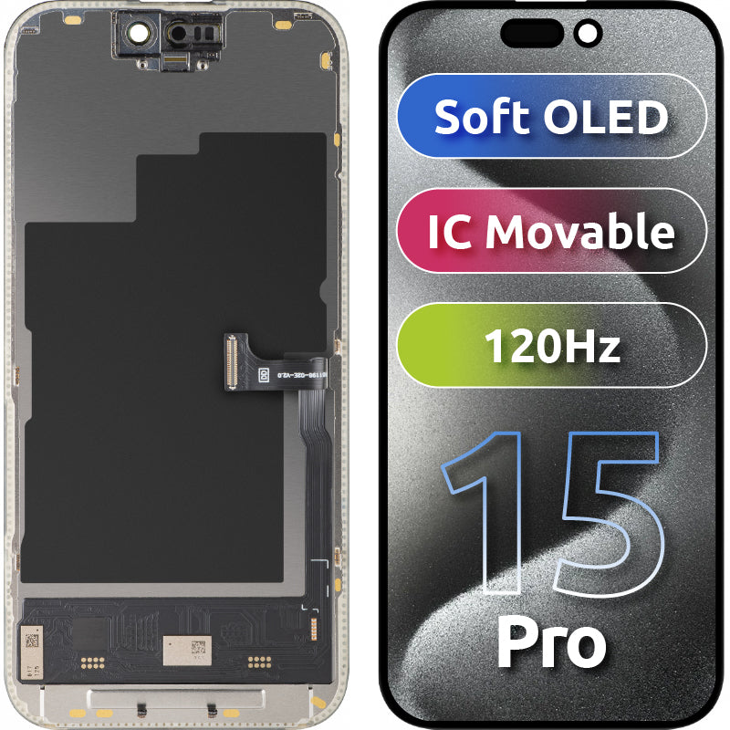 Display con Touchscreen MP compatibile con Apple iPhone 15 Pro, con Cornice, Versione Soft OLED IC Movable 120Hz FHD, Nero