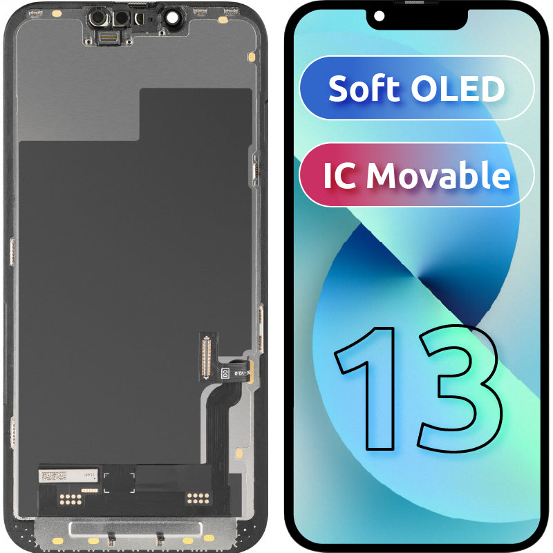 Display con Touchscreen MP compatibile con Apple iPhone 13, con Cornice, Versione Soft OLED IC Movable FHD, Nero