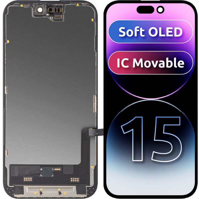 Display con Touchscreen MP compatibile con Apple iPhone 15, con Cornice, Versione Soft OLED FHD IC Movable, Nero