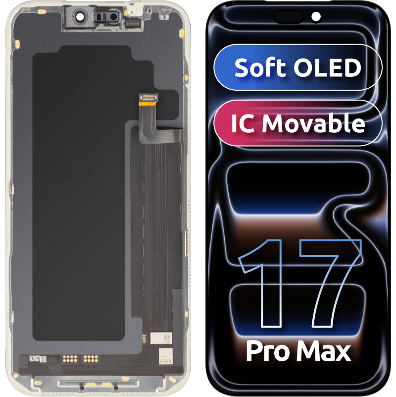 Display con Touchscreen MP compatibile con Apple iPhone 17 Pro Max, con Cornice, Versione Soft OLED FHD IC Movable, Nero
