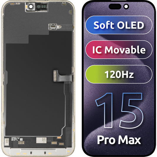 Display con Touchscreen MP compatibile con Apple iPhone 15 Pro Max, con Cornice, Versione Soft OLED IC Movable 120Hz FHD, Nero