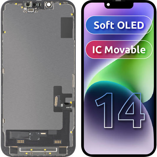 Display con Touchscreen MP compatibile con Apple iPhone 14, con Cornice, Versione Soft OLED IC Movable FHD, Nero