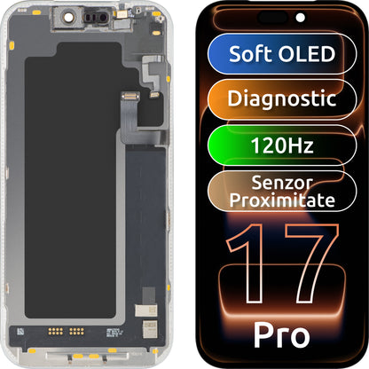 Display con Touchscreen e Sensore di Prossimità Luce MP compatibile con Apple iPhone 17 Pro, con Cornice, Versione Software OLED FHD 120Hz Diagnostica, Nero