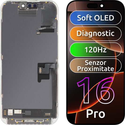 Display con Touchscreen e Sensore di Prossimità Luce MP compatibile con Apple iPhone 16 Pro, con Cornice, Versione Software OLED FHD 120Hz Diagnostica, Nero