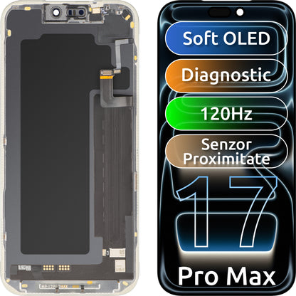 Display con Touchscreen e Sensore di Prossimità Luce MP compatibile con Apple iPhone 17 Pro Max, con Cornice, Versione Software OLED FHD 120Hz Diagnostica, Nero