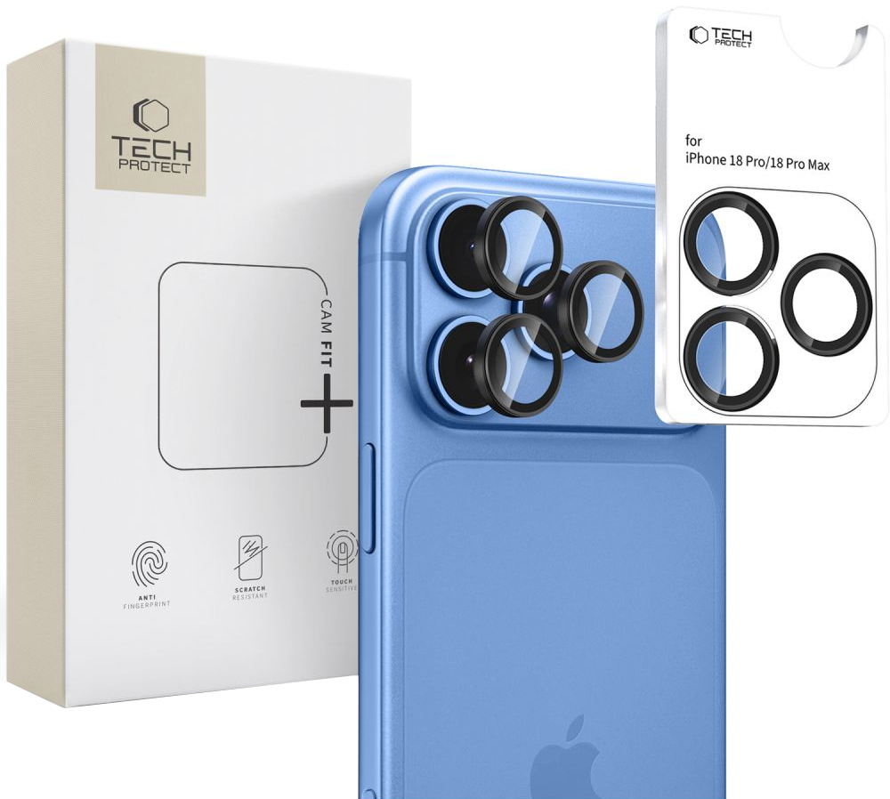 Pellicola protettiva per fotocamera posteriore Tech-Protect CamRing Fit+ per Apple iPhone 18 Pro / 18 Pro Max, vetro temperato, nero