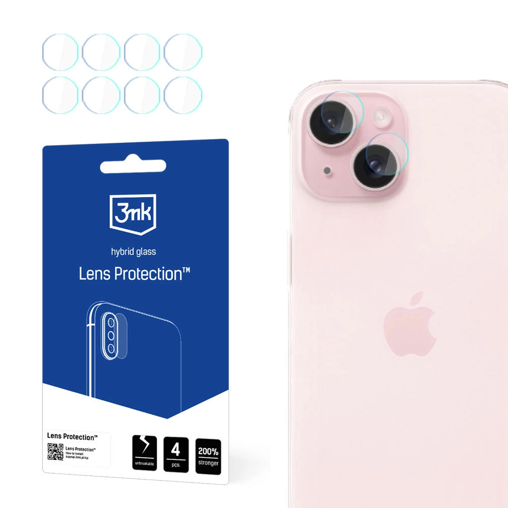 Pellicola protettiva per fotocamera posteriore 3MK Protection per Apple iPhone 15, Vetro Flessibile, Set da 4 pezzi, Trasparente