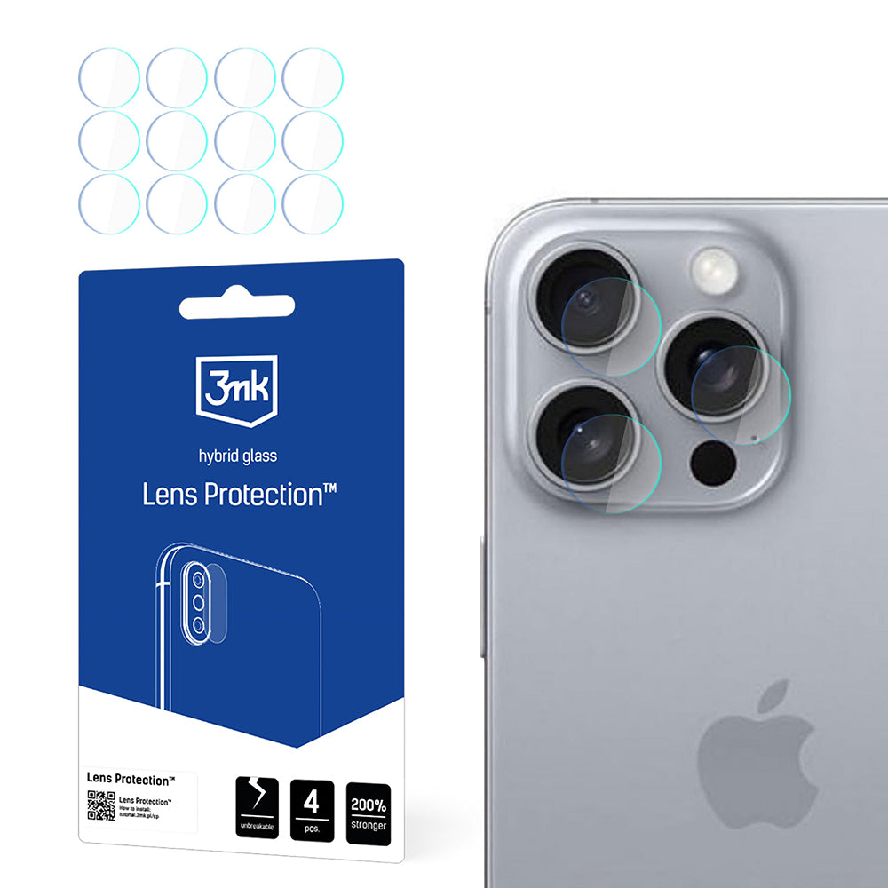 Pellicola protettiva per fotocamera posteriore 3MK Protection per Apple iPhone 16 Pro Max, Vetro Flessibile, Set da 4 pezzi, Trasparente
