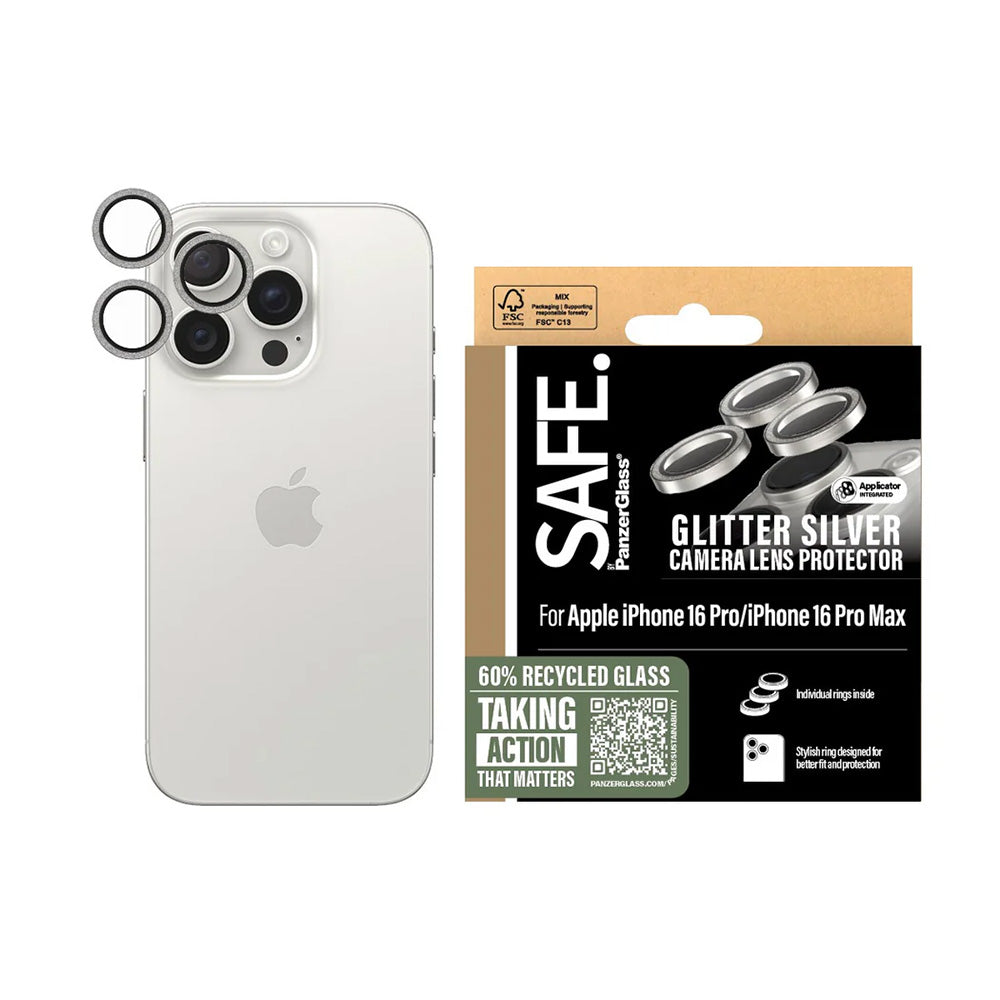 Pellicola protettiva per fotocamera posteriore PanzerGlass Safe. Glitter per Apple iPhone 16 Pro Max / 16 Pro, Vetro Temperato, Argento.