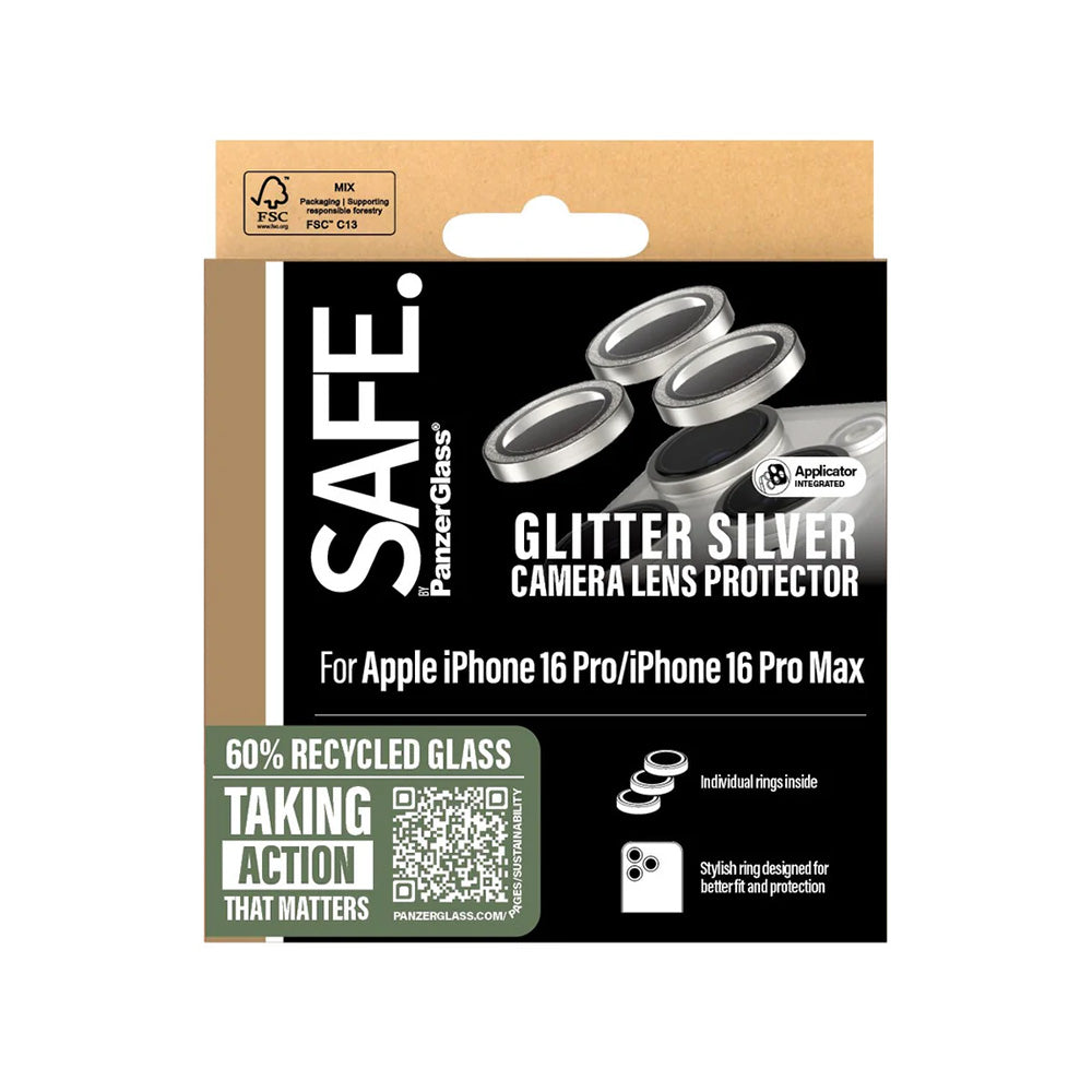 Pellicola protettiva per fotocamera posteriore PanzerGlass Safe. Glitter per Apple iPhone 16 Pro Max / 16 Pro, Vetro Temperato, Argento.