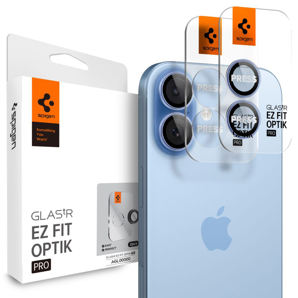 Pellicola protettiva per fotocamera posteriore Spigen GlastR EZ FIT Optik Pro per Apple iPhone 17 / 16 Plus / 16, vetro temperato, set da 2 pezzi, blu