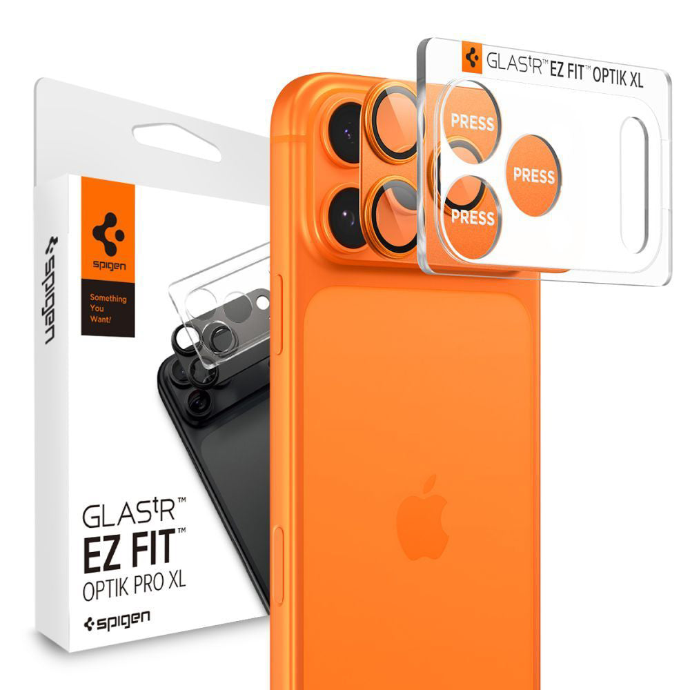 Pellicola protettiva per Fotocamera Posteriore Spigen GlastR EZ FIT Optik Pro per Apple iPhone 17 Pro Max, Vetro Temperato, Set 2 pezzi, Arancione AGL10650