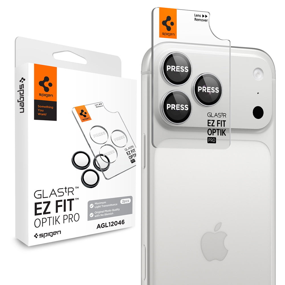 Pellicola protettiva per fotocamera posteriore Spigen GlastR EZ FIT Optik Pro per Apple iPhone 18 Pro / 18 Pro Max, vetro temperato, set da 2 pezzi, argento AGL12046