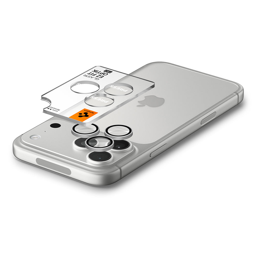 Pellicola protettiva per fotocamera posteriore Spigen GlastR EZ FIT Optik Pro per Apple iPhone 18 Pro / 18 Pro Max, vetro temperato, set da 2 pezzi, argento AGL12046