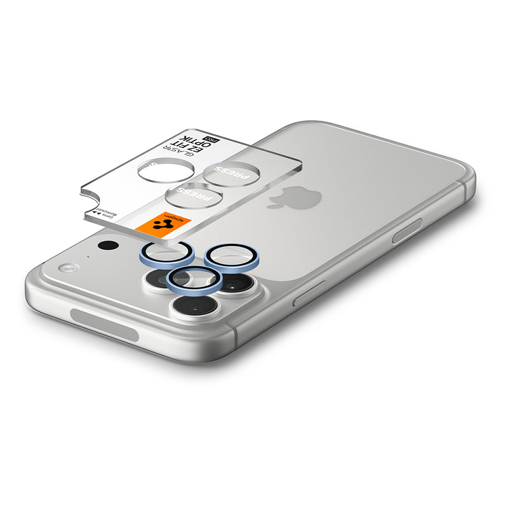 Pellicola protettiva per fotocamera posteriore Spigen GlastR EZ FIT Optik Pro per Apple iPhone 18 Pro / 18 Pro Max, vetro temperato, set da 2 pezzi, blu AGL12045