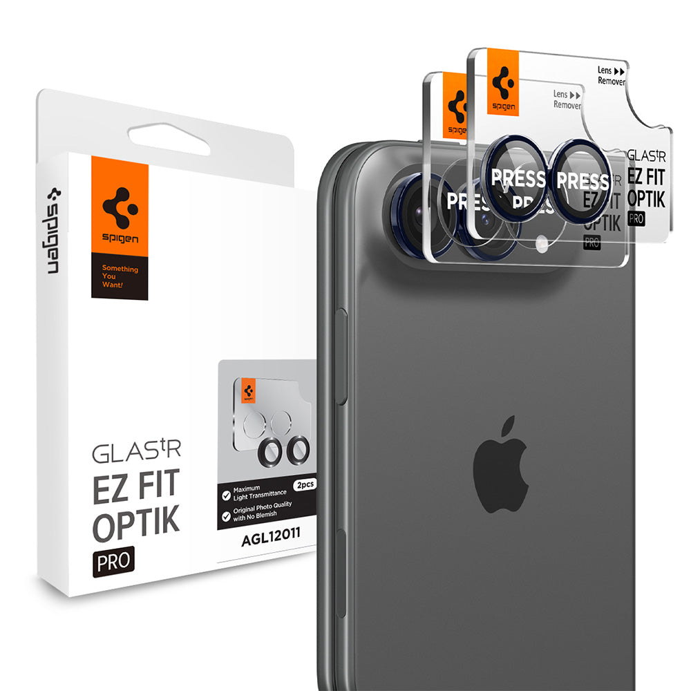 Pellicola protettiva per fotocamera posteriore Spigen GlastR EZ FIT Optik Pro per Apple iPhone Duo, vetro temperato, set da 2 pezzi, blu navy AGL12011