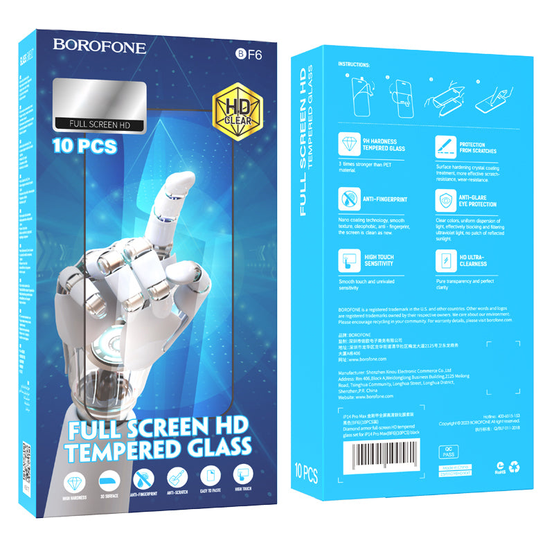 Pellicola protettiva Schermo Borofone BF6 Diamond Armor per Apple iPhone 16e / 14 / 13 Pro / 13, Vetro Temperato, Full Glue, Set 10 pezzi, Nera