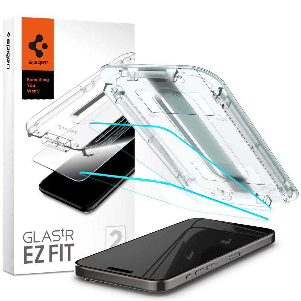 Pellicola Protettiva Schermo Spigen GlastR EZ FIT per Apple iPhone 15 Pro Max, Vetro Temperato, Full Glue, Set 2 pezzi AGL06872