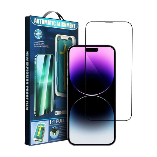 Pellicola protettiva per schermo OEM con allineamento automatico per Apple iPhone 14 Plus / 13 Pro Max, vetro temperato, adesivo completo, 5D, nero