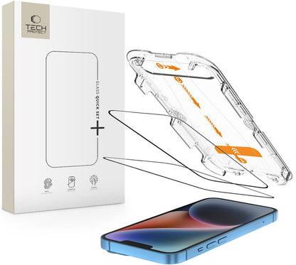 Pellicola Protettiva Schermo Tech-Protect Quick Set+ per Apple iPhone 17e / 16e / 14 / 13 Pro, Vetro Temperato, Full Glue, Set 2 pezzi, Nera
