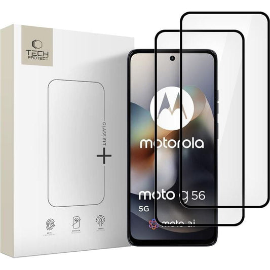 Pellicola protettiva per schermo Tech-Protect FIT+ per Motorola Moto G56, Vetro Temperato, Full Glue, Set 2 pezzi, 2.5D, Nera