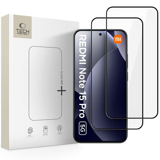 Pellicola protettiva schermo Tech-Protect FIT+ per Xiaomi Redmi Note 15 Pro 5G, Vetro Temperato, Full Glue, Set 2 pezzi, 2.5D, Nera