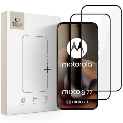 Pellicola protettiva per schermo Tech-Protect FIT+ per Motorola Moto G77 / G67, Vetro temperato, Full Glue, Set 2 pezzi, 2.5D, Nero