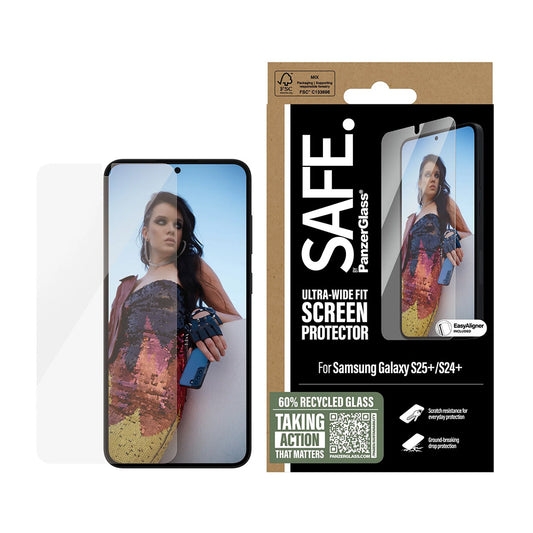 Pellicola protettiva per schermo PanzerGlass Safe. Ultra-Wide Fit EasyAligner per Samsung Galaxy S25+ S936, Vetro Temperato, Full Glue, Ricondizionata