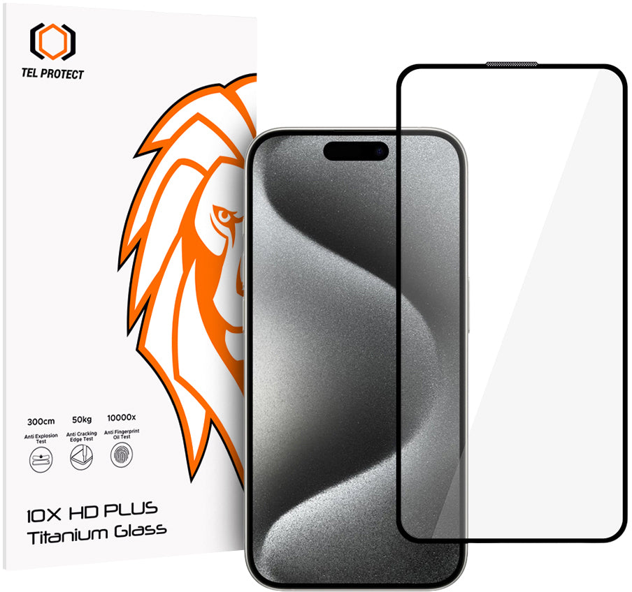 Pellicola protettiva per schermo Tel Protect 10X HD Plus Titanium per Apple iPhone 17 / 16 Pro, Vetro temperato, Full Glue, Nera