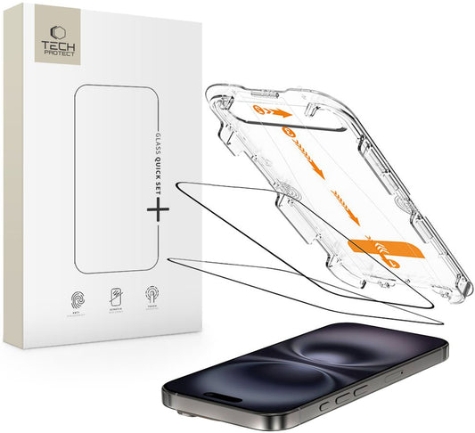 Pellicola Protettiva Schermo Tech-Protect Quick Set+ per Apple iPhone 16 / 15, Vetro Temperato, Full Glue, Set 2 pezzi, Nera