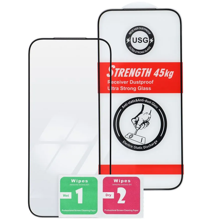 Pellicola protettiva per schermo OEM Ultra Strong 45KG per Apple iPhone 17e / 16e / 14 / 13 Pro, Vetro temperato, Full Glue, 2.5D, Nero