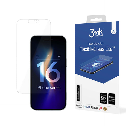 Pellicola protettiva per schermo 3MK FlexibleGlass Lite per Apple iPhone 16 Pro, Vetro Flessibile, Colla Completa
