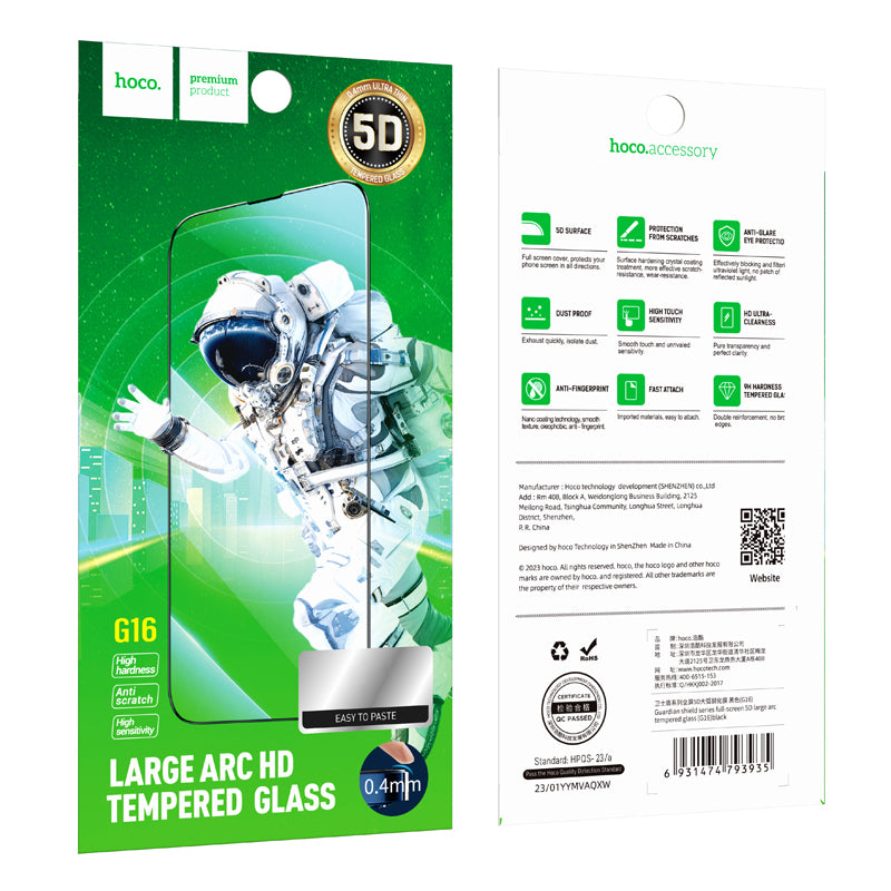 Pellicola Protettiva Schermo HOCO G16 per Apple iPhone 16 Pro Max, Vetro Temperato, Full Glue, 5D, Nera