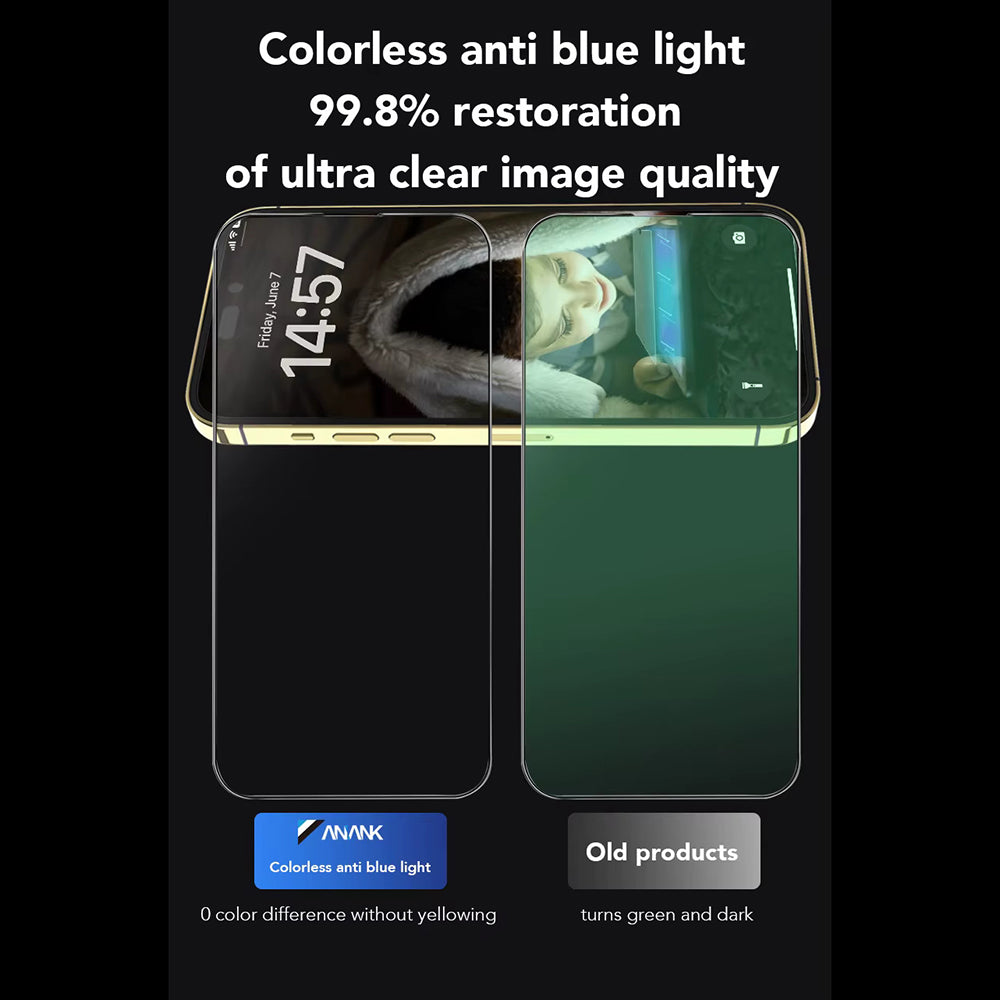 Pellicola protettiva per schermo Anti Blue Light Anank 3X Rinforzata per Apple iPhone 16 Pro, Vetro Temperato, Full Glue, 2.5D, Nero
