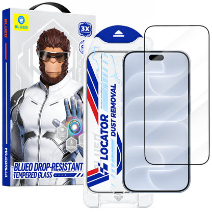 Pellicola protettiva per schermo Blueo Drop Resistant Applicator Pro per Apple iPhone 18 Pro / 17 Pro / 17 / 16 Pro, vetro temperato, adesivo integrale, nera