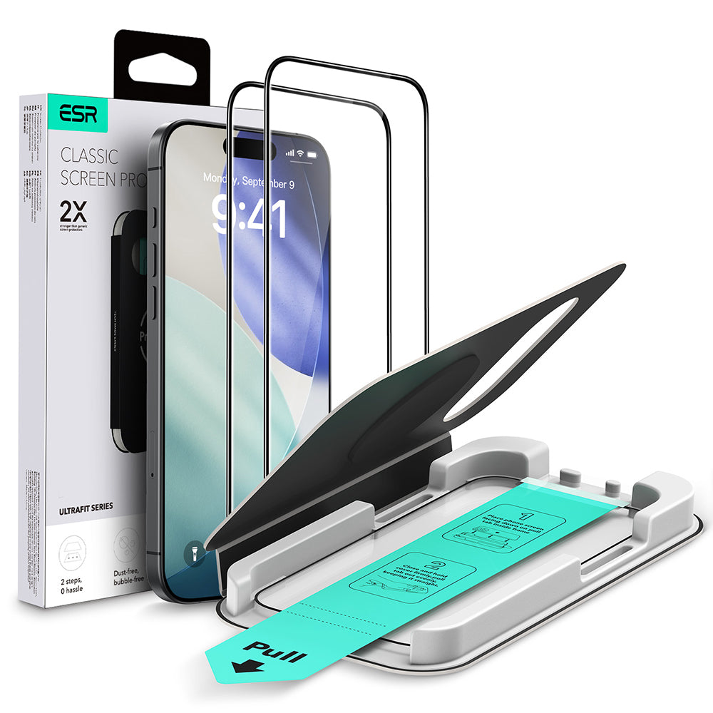 Pellicola protettiva per schermo ESR UltraFit Classic per Apple iPhone 18 Pro / 17 Pro, vetro temperato, Full Glue, set da 2 pezzi, nero