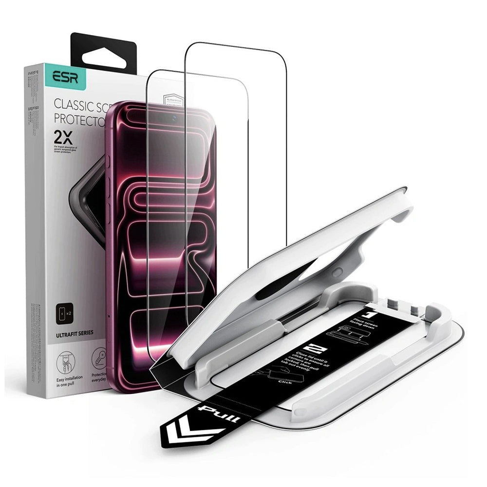 Pellicola protettiva per schermo ESR UltraFit Classic per Apple iPhone 18 Pro Max / 17 Pro Max, vetro temperato, adesivo completo, set da 2 pezzi, nero