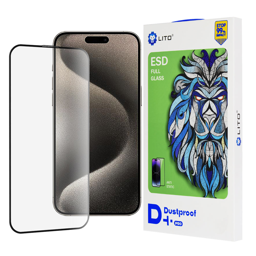 Lito D+ Pro Dustproof Screen Protector Film for Apple iPhone 15, Tempered Glass, Full Glue, Black