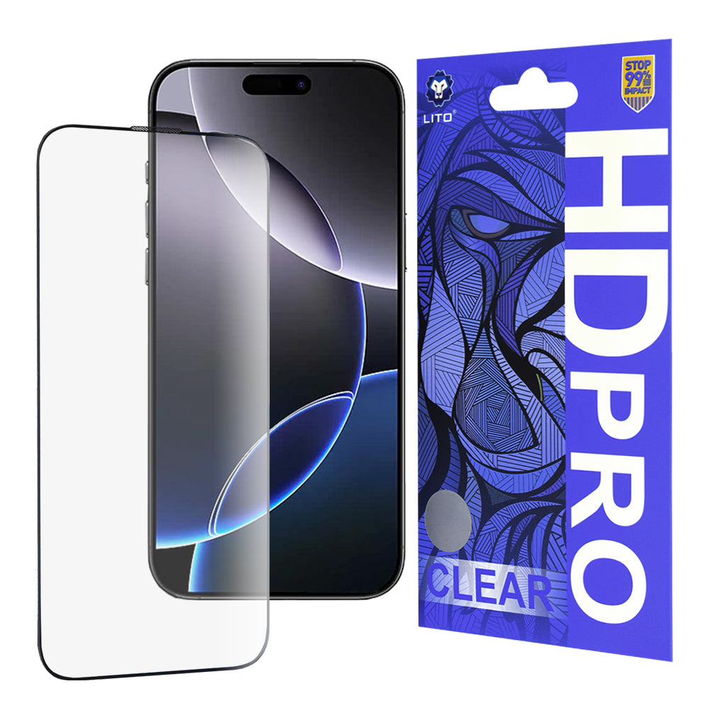 Pellicola protettiva per schermo Lito HD Pro Clear per Apple iPhone 16 Pro Max, Vetro temperato, Full Glue, Nero