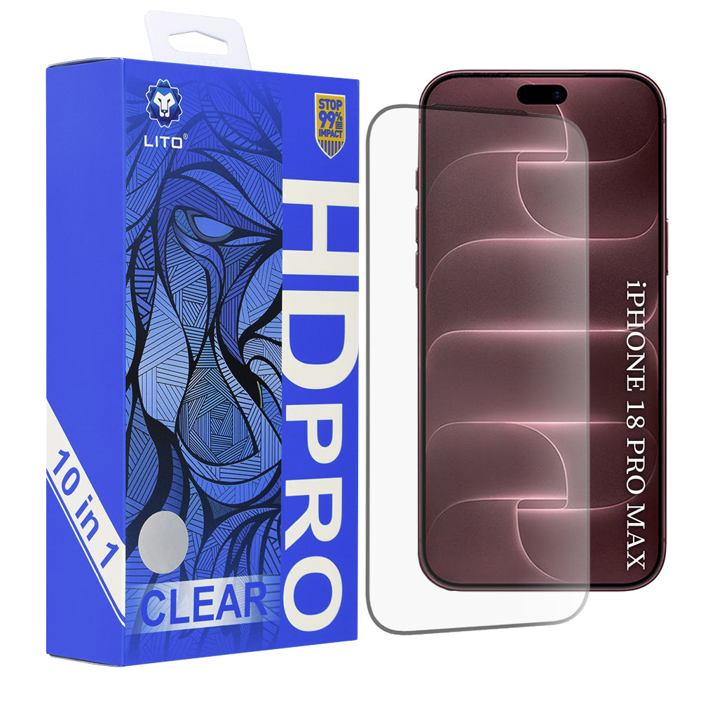 Pellicola protettiva per schermo Lito HD Pro per Apple iPhone 18 Pro Max / 17 Pro Max, vetro temperato, Full Glue, set da 10 pezzi, nera