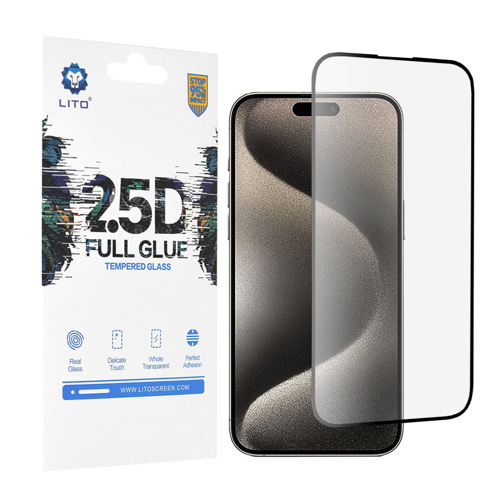 Lito Screen Protector Film for Apple iPhone 15 Pro Max, Tempered Glass, Full Glue, 2.5D, Black