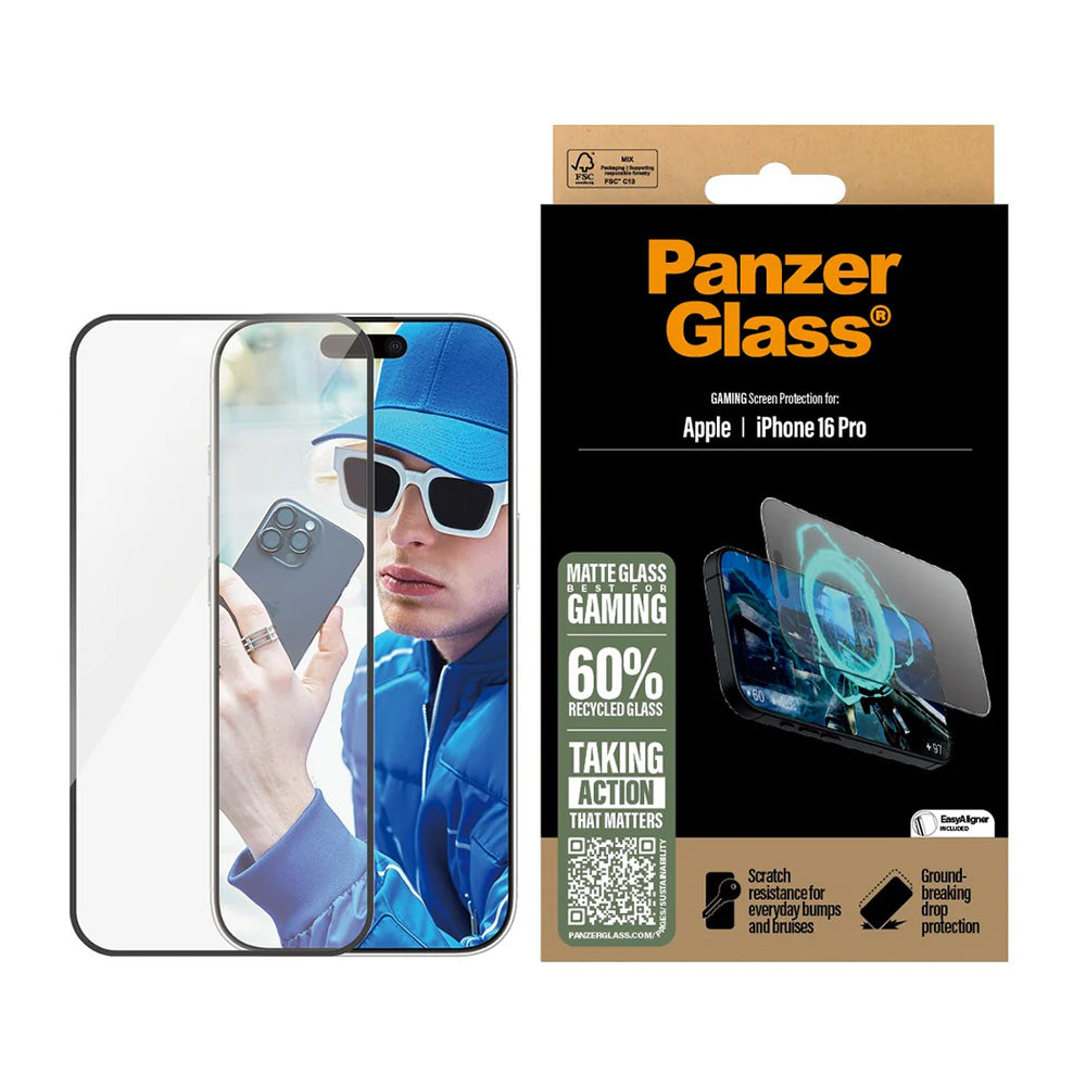 Pellicola Protettiva Schermo Matte PanzerGlass Ultra-Wide Fit Gaming per Apple iPhone 16 Pro, Vetro Temperato, Full Glue, Nera