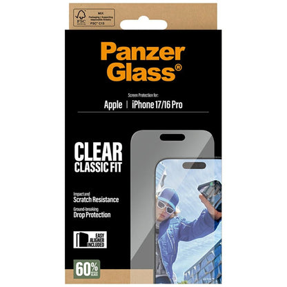 Pellicola Protettiva Schermo PanzerGlass Classic Fit EasyAligner per Apple iPhone 17 / 16 Pro, Vetro Temperato, Full Glue