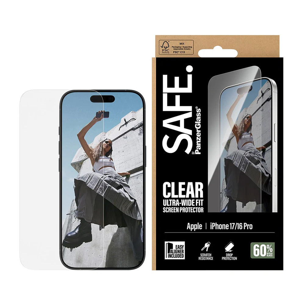 Pellicola Protettiva Schermo PanzerGlass Safe. Ultra-Wide Fit EasyAligner per Apple iPhone 17 / 16 Pro, Vetro Temperato, Full Glue.